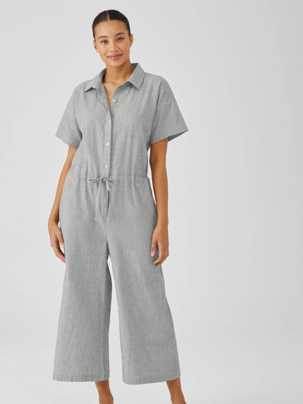 EILEEN FISHER Organic Cotton Linen Ticking Stripe Jumpsuit Cropped Length